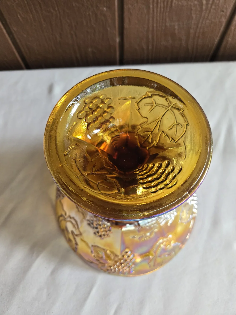 Vintage Indiana Marigold Amber Carnival Glass Harvest Grape Design Compote